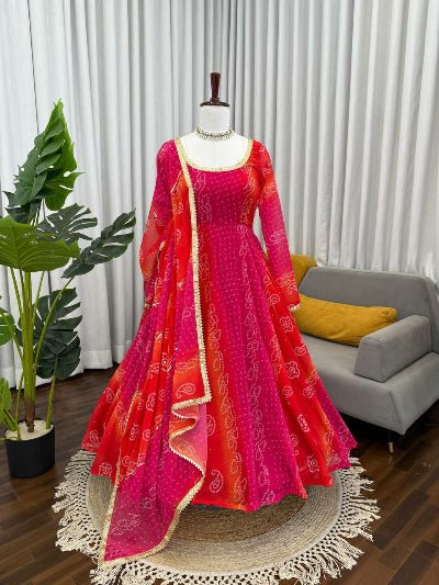 Pink & Orange Georgette Bandhani Print Anarkali Suit - BONYHUBSALWAR KAMEEZ