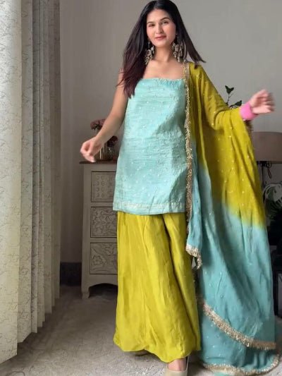 Aqua Blue & Mustard Chinon Silk Sharara Palazzo Suit - BONYHUBSALWAR KAMEEZ