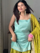 Aqua Blue & Mustard Chinon Silk Sharara Palazzo Suit - BONYHUBSALWAR KAMEEZ