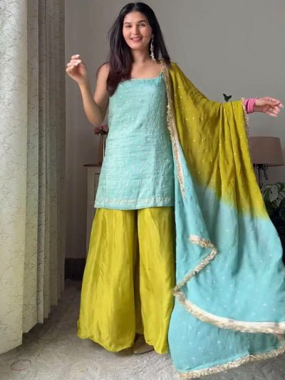 Aqua Blue & Mustard Chinon Silk Sharara Palazzo Suit - BONYHUBSALWAR KAMEEZ