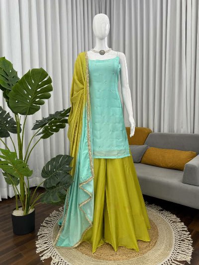 Aqua Blue & Mustard Chinon Silk Sharara Palazzo Suit - BONYHUBSALWAR KAMEEZ