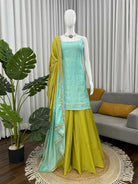 Aqua Blue & Mustard Chinon Silk Sharara Palazzo Suit - BONYHUBSALWAR KAMEEZ