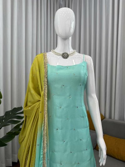 Aqua Blue & Mustard Chinon Silk Sharara Palazzo Suit - BONYHUBSALWAR KAMEEZ