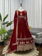 Red Georgette Gold Embroidery Work Anarkali Suit - BONYHUBSALWAR KAMEEZ