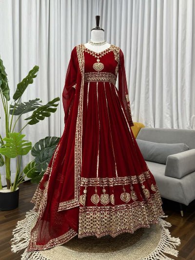 Red Georgette Gold Embroidery Work Anarkali Suit - BONYHUBSALWAR KAMEEZ