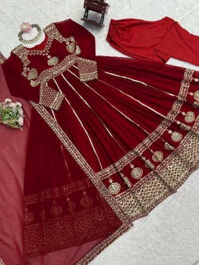 Red Georgette Gold Embroidery Work Anarkali Suit - BONYHUBSALWAR KAMEEZ