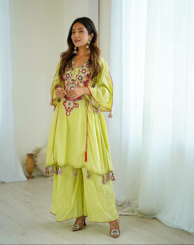Lime Yellow Mirror Work Boho Style Kurti Palazzo Set - BONYHUBSALWAR KAMEEZ