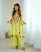 Lime Yellow Mirror Work Boho Style Kurti Palazzo Set - BONYHUBSALWAR KAMEEZ