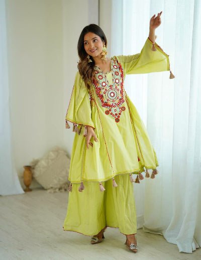Lime Yellow Mirror Work Boho Style Kurti Palazzo Set - BONYHUBSALWAR KAMEEZ