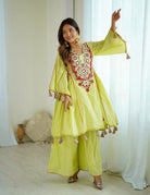 Lime Yellow Mirror Work Boho Style Kurti Palazzo Set - BONYHUBSALWAR KAMEEZ