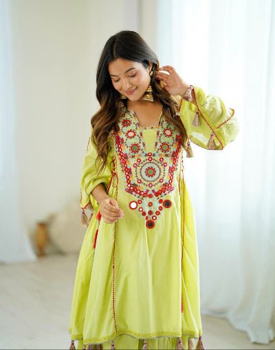 Lime Yellow Mirror Work Boho Style Kurti Palazzo Set - BONYHUBSALWAR KAMEEZ