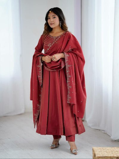 Dusty Maroon Chanderi Silk Embroidery Anarkali Suit Set - BONYHUBSALWAR KAMEEZ