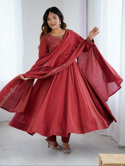 Dusty Maroon Chanderi Silk Embroidery Anarkali Suit Set - BONYHUBSALWAR KAMEEZ