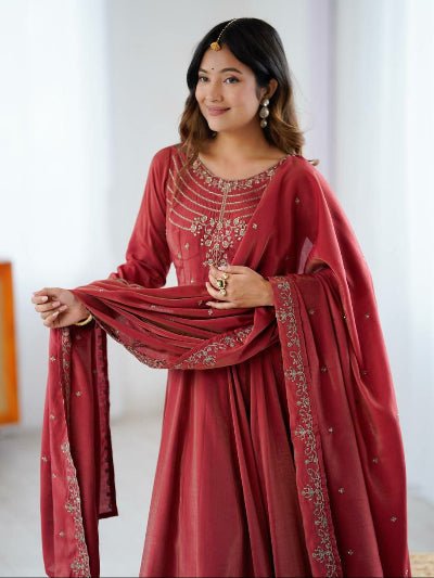 Dusty Maroon Chanderi Silk Embroidery Anarkali Suit Set - BONYHUBSALWAR KAMEEZ