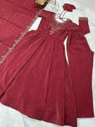 Dusty Maroon Chanderi Silk Embroidery Anarkali Suit Set - BONYHUBSALWAR KAMEEZ