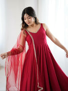 Deep Red Roman Silk Chanderi Anarkali Suit Set - BONYHUBSALWAR KAMEEZ