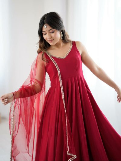 Deep Red Roman Silk Chanderi Anarkali Suit Set - BONYHUBSALWAR KAMEEZ