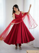 Deep Red Roman Silk Chanderi Anarkali Suit Set - BONYHUBSALWAR KAMEEZ