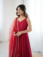 Deep Red Roman Silk Chanderi Anarkali Suit Set - BONYHUBSALWAR KAMEEZ