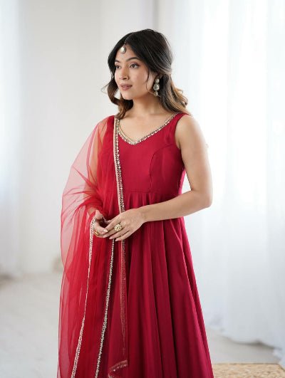 Deep Red Roman Silk Chanderi Anarkali Suit Set - BONYHUBSALWAR KAMEEZ