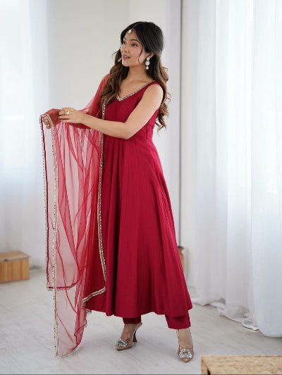 Deep Red Roman Silk Chanderi Anarkali Suit Set - BONYHUBSALWAR KAMEEZ