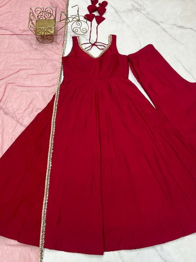 Deep Red Roman Silk Chanderi Anarkali Suit Set - BONYHUBSALWAR KAMEEZ