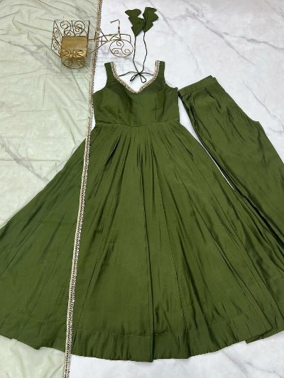 Deep Olive Green Roman Silk Chanderi Anarkali Suit Set - BONYHUBSALWAR KAMEEZ