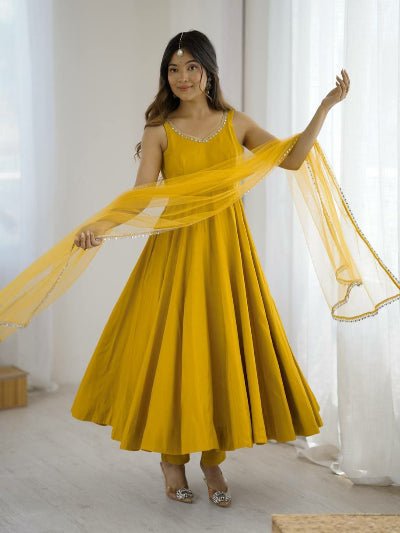 Mustard Yellow Roman Silk Chanderi Anarkali Suit Set - BONYHUBSALWAR KAMEEZ