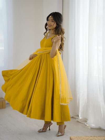 Mustard Yellow Roman Silk Chanderi Anarkali Suit Set - BONYHUBSALWAR KAMEEZ
