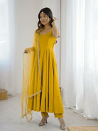 Mustard Yellow Roman Silk Chanderi Anarkali Suit Set - BONYHUBSALWAR KAMEEZ