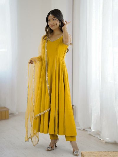 Mustard Yellow Roman Silk Chanderi Anarkali Suit Set - BONYHUBSALWAR KAMEEZ