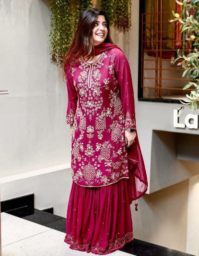 Rani Pink Georgette Embroidery Sharara Suit - BONYHUBSALWAR KAMEEZ