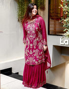 Rani Pink Georgette Embroidery Sharara Suit - BONYHUBSALWAR KAMEEZ