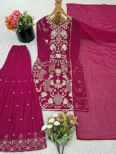 Rani Pink Georgette Embroidery Sharara Suit - BONYHUBSALWAR KAMEEZ
