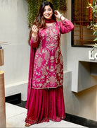 Rani Pink Georgette Embroidery Sharara Suit - BONYHUBSALWAR KAMEEZ