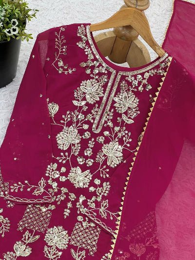 Rani Pink Georgette Embroidery Sharara Suit - BONYHUBSALWAR KAMEEZ