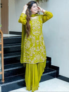 Mehendi Green Georgette Embroidery Sharara Suit - BONYHUBSALWAR KAMEEZ