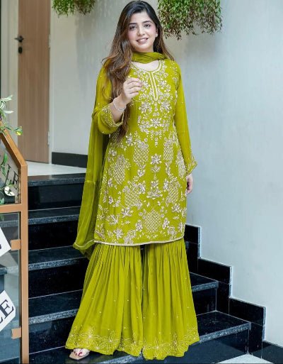Mehendi Green Georgette Embroidery Sharara Suit - BONYHUBSALWAR KAMEEZ