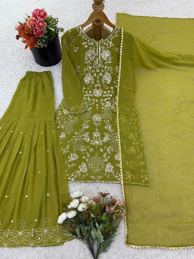 Mehendi Green Georgette Embroidery Sharara Suit - BONYHUBSALWAR KAMEEZ
