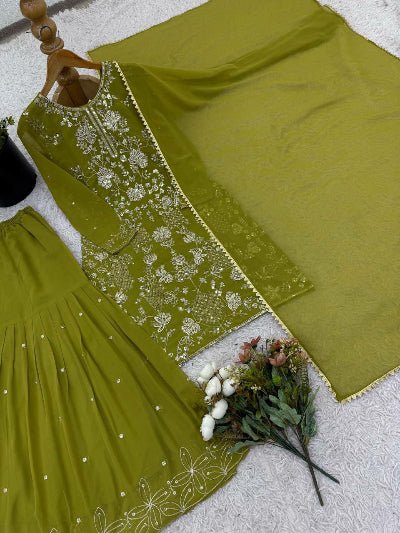 Mehendi Green Georgette Embroidery Sharara Suit - BONYHUBSALWAR KAMEEZ