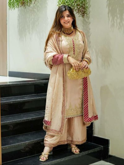 Peach Gold Embroidered Chinon Silk Palazzo Suit - BONYHUBSALWAR KAMEEZ