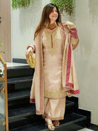 Peach Gold Embroidered Chinon Silk Palazzo Suit - BONYHUBSALWAR KAMEEZ
