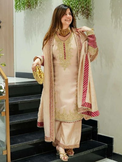 Peach Gold Embroidered Chinon Silk Palazzo Suit - BONYHUBSALWAR KAMEEZ