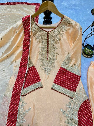 Peach Gold Embroidered Chinon Silk Palazzo Suit - BONYHUBSALWAR KAMEEZ