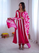 Dark Pink & White Roman Silk Embroidered Anarkali Suit - BONYHUBSALWAR KAMEEZ
