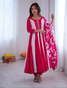Dark Pink & White Roman Silk Embroidered Anarkali Suit - BONYHUBSALWAR KAMEEZ