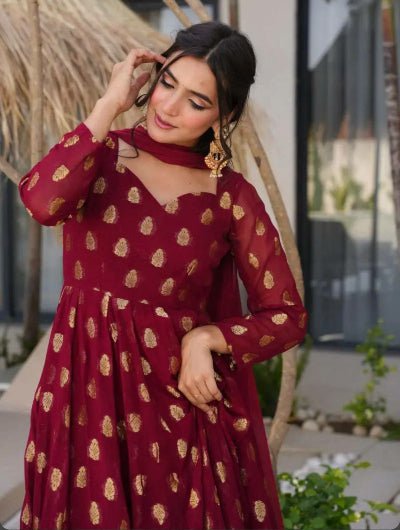 Maroon Georgette Embroidery Full Sleeves Anarkali Suit - BONYHUBSALWAR KAMEEZ