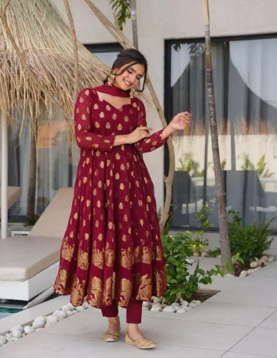 Maroon Georgette Embroidery Full Sleeves Anarkali Suit - BONYHUBSALWAR KAMEEZ