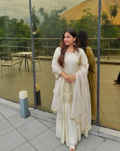 Ivory Cream Chinon Embroidery Sharara Palazzo Suit - BONYHUBSALWAR KAMEEZ