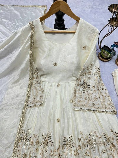 Ivory Cream Chinon Embroidery Sharara Palazzo Suit - BONYHUBSALWAR KAMEEZ